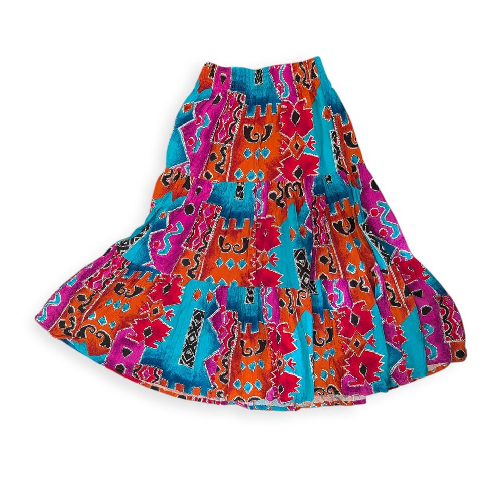 Vintage Pierre Cardin Southwestern Tiered Broom Skirt ~ red teal orange